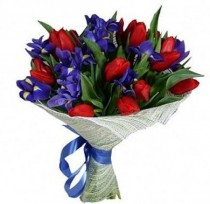Men's bouquet of irises and tulips